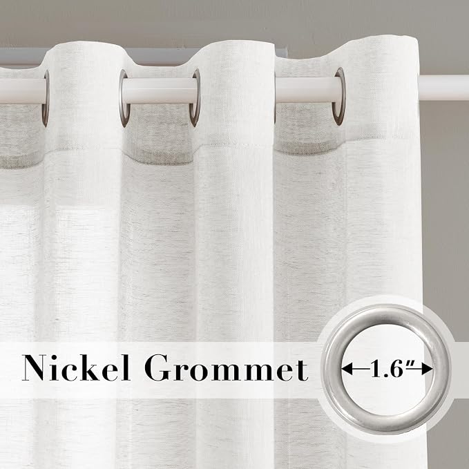 H.VERSAILTEX Linen Curtains Flax Linen Blended Curtain Panels for Living Room/Bedroom Semi Sheer Privacy Curtains 120 inch Length 2 Panels Set Nickel Grommet Window Drapes, White