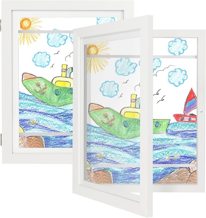 iRahmen Kids Art Frames 9x12 Set of 2 - Front Opening Childrens Picture Frame Changeable, Wood Artwork Display Storage for Wall Mount, Magnetic Door Holds 50 Art Pieces for Drawings, 3D Picture, Crafts, Portfolio, White
