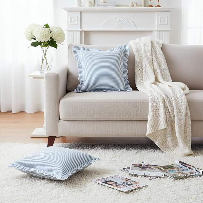 Newwiee 2 Pack Coastal Scalloped Pillow Cover 18 x 18 Inch Blue Stripe Throw Pillow Cover Cotton Decorative Pillowcase for Women Men Couch Living Room Cushion Indoor Outdoor Decoration