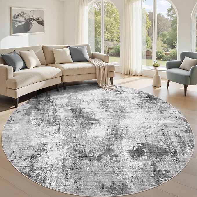 Abstract 9FT Round Rug: Machine Washable Non Slip Ultra Thin Low-Pile Carpet, Soft Stain Resistant for Living Dining Room Bedroom, Kid Pet Friendly, Robot Vacuum Compatible - Grey