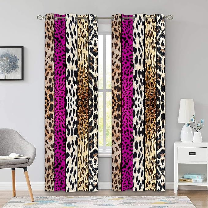 Wild Animal Print Curtain, Room Darkening Thermal Insulated Blackout Leopard Boa Window Drapes with Grommets for Living, Dining, Bedroom, Hot Pink Leopard Print, 42"x 84", 2 Panels