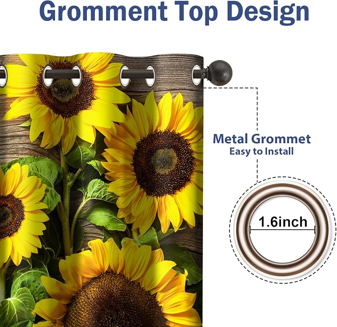 Jekeno Sunflower Floral Blackout Curtains Spring Flower on Rustic Wood Country Wooden Decor for Home Bedroom Living Room Darkening Grommet Window Drapes 2 Panel Set, 52"x63"