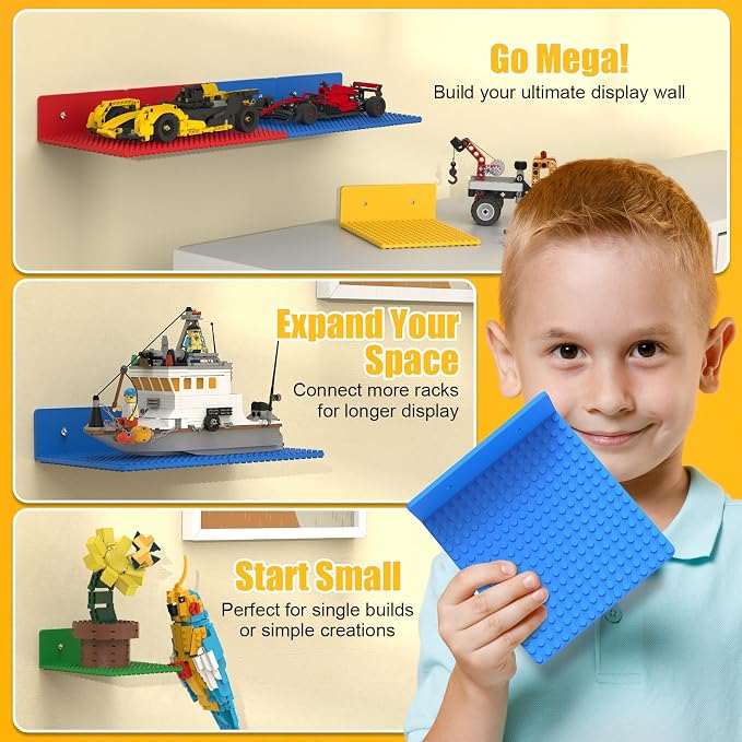BlissBox 8-Pack Small Floating Shelves for Wall Compatible with Lego Building Bricks, 5x5.5inch Dual‑Sided 16x17 Studs for Brick Storage and Display, ABS Display Shelves for Room Decor, Multicolor