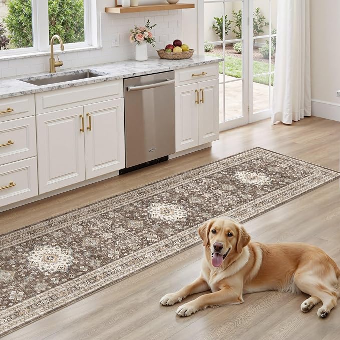 Vintage Hallway Runner Rug 2x10: Large Soft Washable Entryway for Kitchen Laundry Room Non-Slip Backing Runner for Entrance Living Room Bedroom Bathroom - Dark Brown