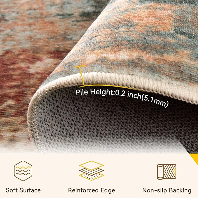 RELEANY Washable Area Rugs Square 9ft Non-Slip Modern Abstract Soft for Living Room Entryway Bedroom Kitchen, Print Pattern, Brown Rust Red Green Blue Multi