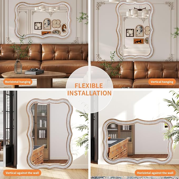 36x24 Inch Wavy Mirror for Wall Decor, Wooden Bathroom Decorative Mirrors | Hang Vertically or Horizontally to Fit Living Room, Entryway, Sideboards, Dresser, Hallway, Foyer or Rental Spaces