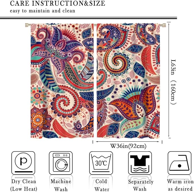 Boho Decorative Curtains Bedroom Living Room Rod Pocket Curtains, Vintage Boho Grill Floral Pattern 2 Panel Set, 72x63 in.