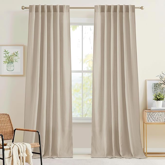 RYB HOME Back Tab Taupe Linen Curtains for Farmhouse, Boho Rustic Sheer Decoration for Dining Room Nursery Bay Window, Taupe, W 52 x L 108 inches, 2 Panels Set