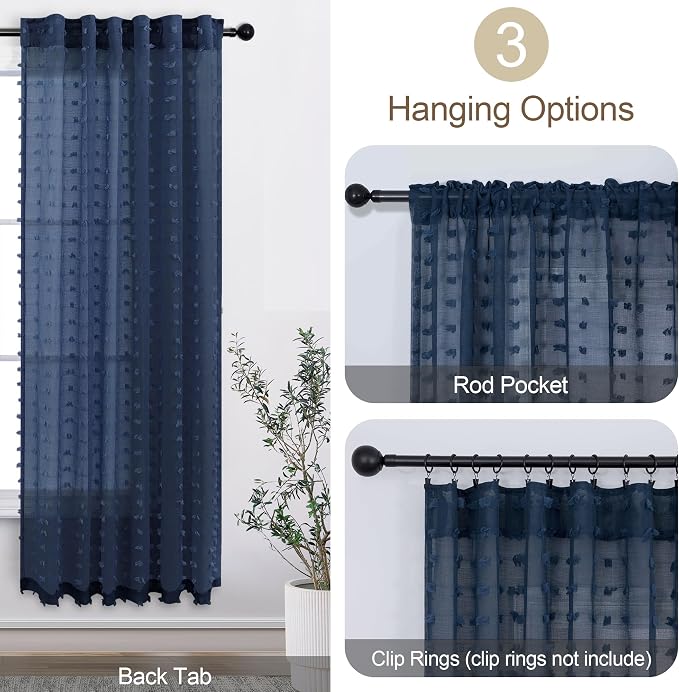 Navy Blue Boho Sheer Curtains 63 Inch Length for Nursery Boys Bedroom Cute Sheer Pom Pom Curtain for Farmhouse Window Decor Navy Indigo Blue Voile Drapes for Living Room Back Tab 2 Panels Set 52x63