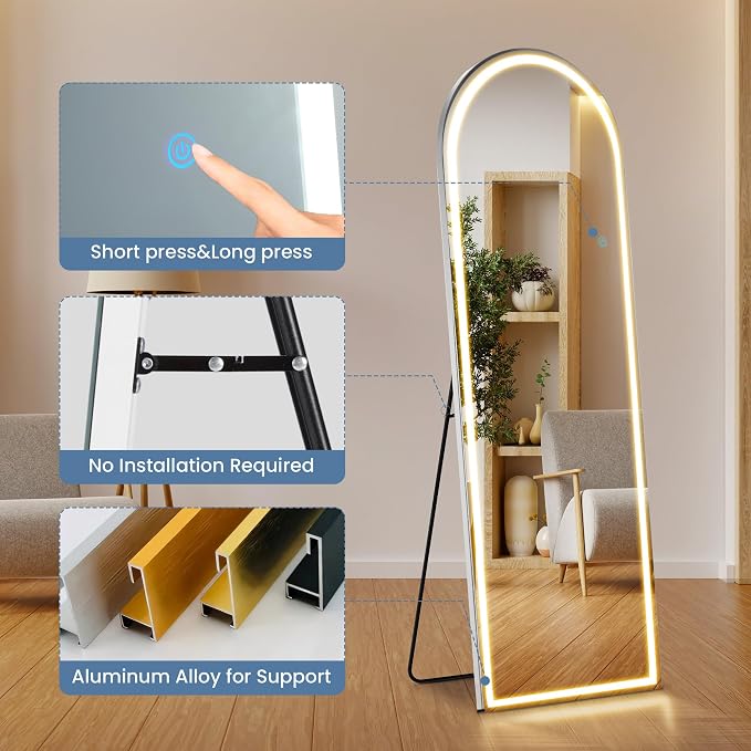DUMOS Arched Full Length Mirror Lighted, 20"x63" LED Floor Standing Mirror | LED Lights 3 Color Lighting and Shatterproof Tempered Glass, Wall Hanging or Leaning, Floor Standing, Modern Home Decor