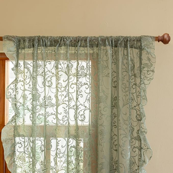 TUDECO Sage Green Lace Sheer Curtains 96 Inches Long 2 Panles | French Floral Pattern, Ruffle Edges,for Dining Room Living Room, Light Filering Privacy, Spring Summer Decor, 59 x 96 Inch