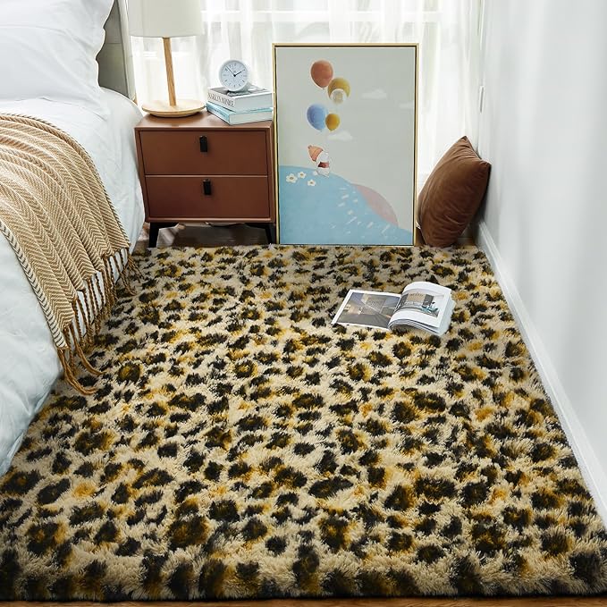 Ophanie Leopard Rugs for Bedroom Living Room, Cheetah Print Rug Fluffy Shag Large Fuzzy Plush Soft Throw,Large Shaggy Floor Faux Animal Throw 4x6 Carpets,Decor Aesthetic with Over 99 pcs Pile fibers