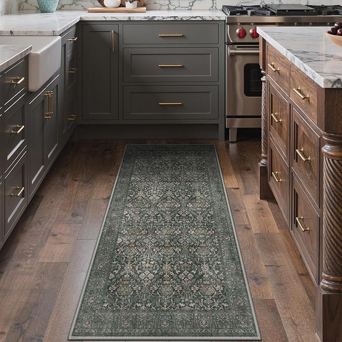 Bavni Washable Rugs 3x5 Machine Washable Rug Lightweight Low Pile, Vintage Floral Rug Non-Shedding Distressed Throw Carpet for Living Room Bedroom Office, Dark Green