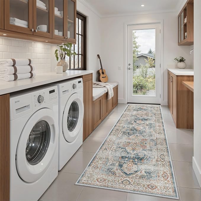 Madane Washable Runner Rug 2x6 Runners for Hallways Non Slip, Navy | Vintage Stain-Resistant 6 Feet Kitchen Rug, Soft Low-Pile Ultra-Thin Floor Carpet Mat for Bathroom Laundry Room Bedroom 2x6ft