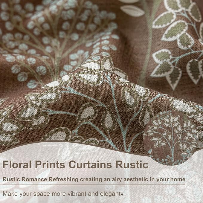 OYX Vintage Curtains 63 Inch, Farmhouse Curtain Botanical Drapes with Tassels, Linen Textured Light Filtering Semi Sheer Curtains for Living Room Bedroom,2 Panels,Rod Pocket, 52Wx63L