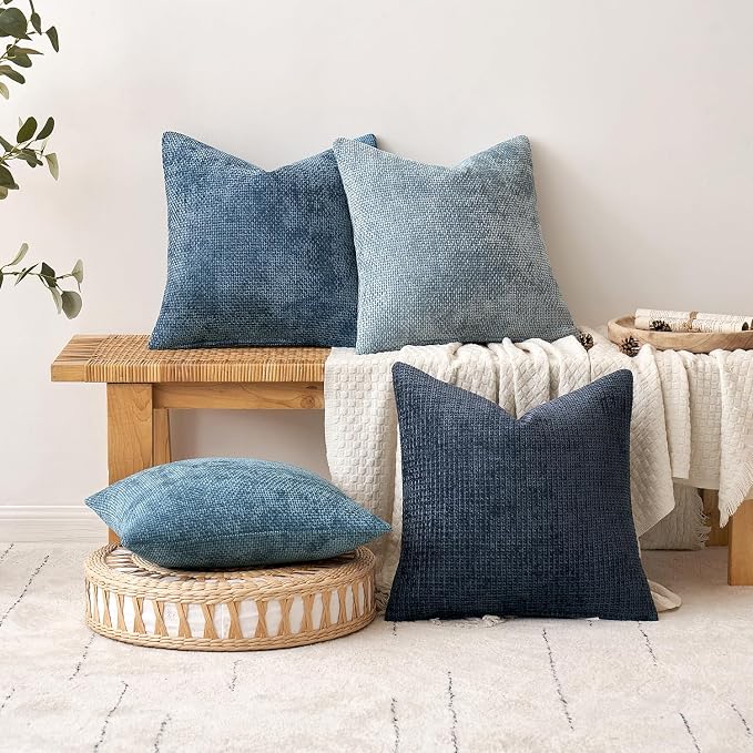 MIULEE Pack of 2 Coastal Blue Lumbar Throw Pillow Covers 20x12 Inch Summer Modern Boho Accent Decorative Pillow Covers Soft Chenille Farmhouse Cushion Covers for Home Couch Decor Bed Sofa Living Room