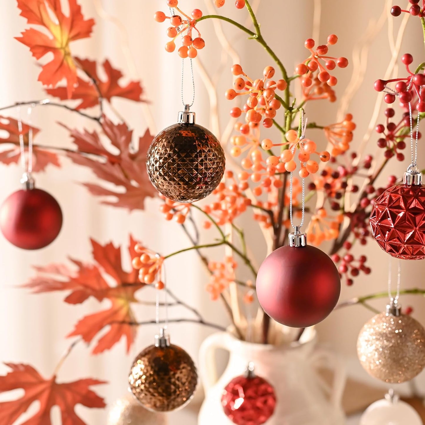 Valery Madelyn Christmas Tree Decorations Ornament Set for Fall Halloween, 50ct 2.36 Inches Red Brown White Shatterproof Christmas Ball Ornaments Hanging Xmas Holiday Party Decor