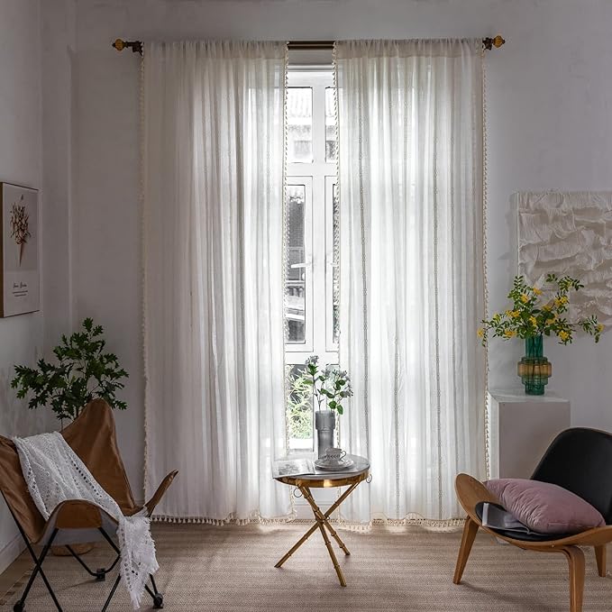 Boho Curtains for Bedroom Embroidery Striped Farmhouse 84 Inches Long 2 Pannels Set White Linen Light Filtering for Living Room Rod Pocket Drapes(52" W x 84" L,White)