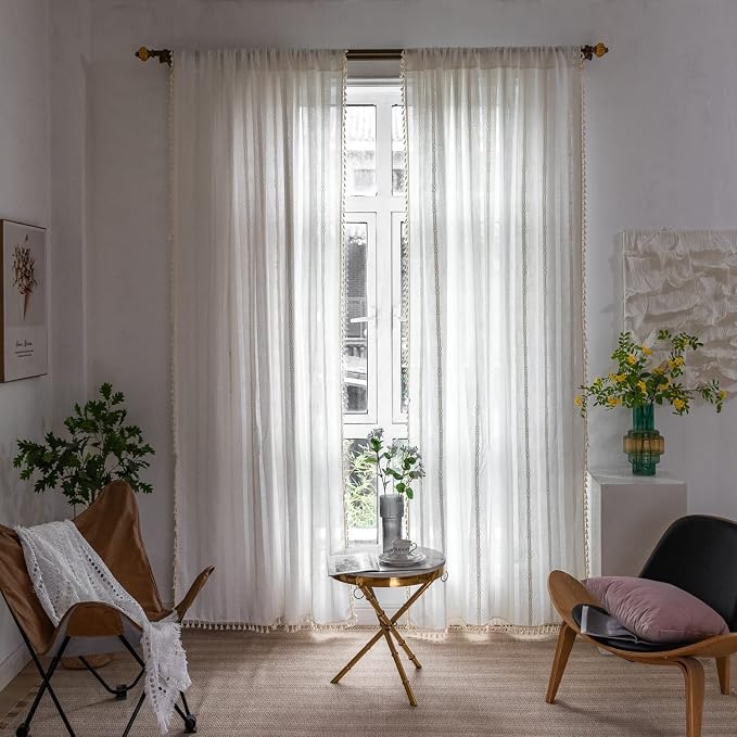 Boho Linen Curtains - 96 Inch Long, 2 Panel Off White Country Farmhouse Curtains for Bedroom & Living Room - Light Filtering Rod Pocket Drapes (52" W x 96" L, White)