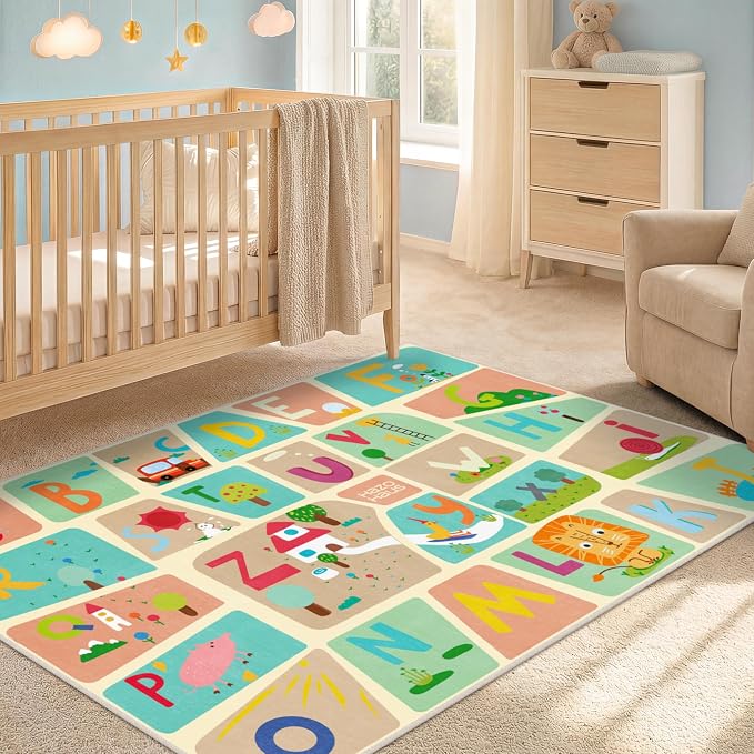 3x5 Alphabet Rug for Kids - Soft ABC Area Rug for Toddlers, Kids Learning, Preschool Educational Nursery Rug for Crawling, Reading Nook or Small Playroom – Cute Pastel Beige and Blue Letters Décor