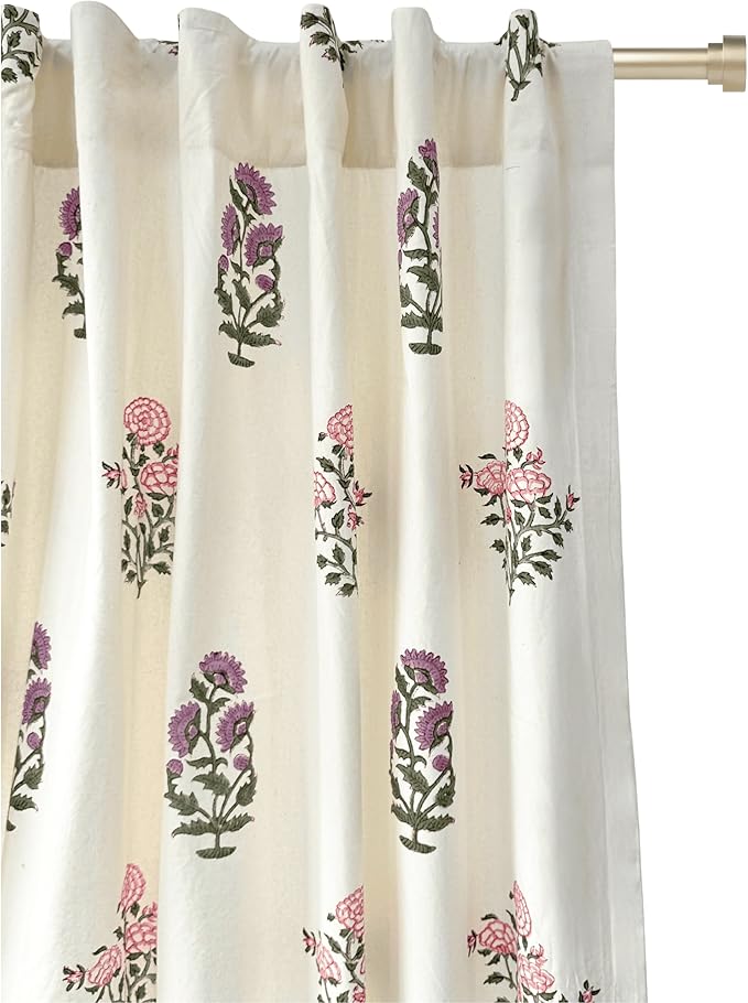 ATOSII 100% Cotton Single Panel Block Print Curtain, Easy Hanging with Rod Pocket & Loop, Living Room, Dining Room, Bedroom Light Filtering Boho Curtains, Set of 1, 60" W X 108" L, Phool