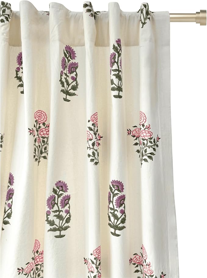 ATOSII 100% Cotton Single Panel Block Print Curtain, Easy Hanging with Rod Pocket & Loop, Living Room, Dining Room, Bedroom Light Filtering Boho Curtains, Set of 1, 60" W X 96" L, Phool