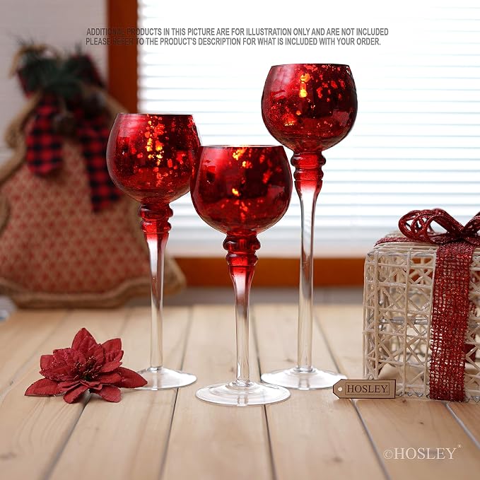 Hosley Set of 3 Crackle Red Glass Tealight Holders - 12 Inch, 10 Inch, 9 Inch Ideal for Weddings Special Events Parties Also Makes a Great Gift