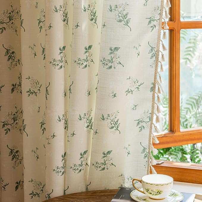 OYX Boho Floral Spring Semi Sheer Curtains 84 Inch Length 2 Panels, Linen Texture Farmhouse Light Filtering Curtains Beige Tassel for Bedroom Living Room Vintage Rustic Patterned Printed Rod Pocket