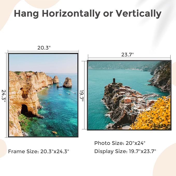20x24 Metal Picture Frame, Aluminum Poster Frame with Real Glass, Black | Sleek Black 24x20 Frame with Tempered Glass for Wall Display, Posters, Art & Photos | Wall Kit Included