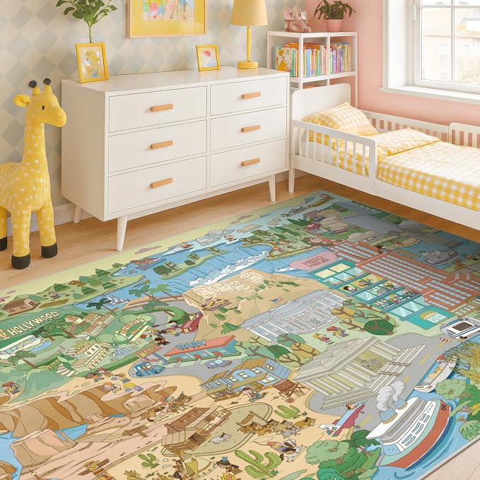 Large Kids Area Rug 6x9 – Interactive North America Map Carpet with States, Animals & Famous Landmarks – Soft Non-Slip Learning Area Rug for Kindergarten, School, or Bedroom Décor