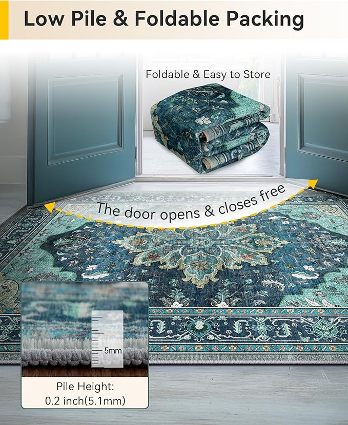RELEANY Area Rugs Runner 3'x6' Washable Non-Slip, Floral Vintage Distress Medallion Carpet for Kitchen Hallway Bedroom Beside Laundry Room Bathroom, Teal Green Lake Blue Turquoise