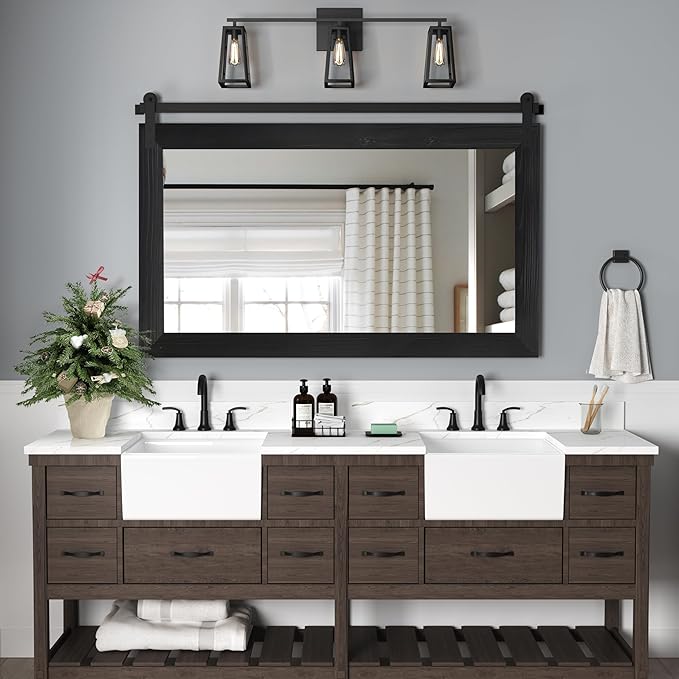 COGOOD Bathroom Mirrors for Over Sink - 41" x 30" Farmhouse Barn Door Mirror for Living Room, Entryway, Bedroom, Vanity Wall Decor Black