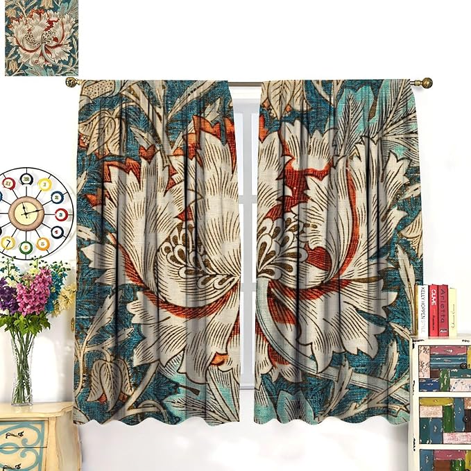 William Morris Plant Floral Blackout Window Curtains, Bohemian Vintage Rustic Flowers William Morris Art Style Window Drapes, for Bedroom Living Room 31.5(W)*72(L) 2 Panels