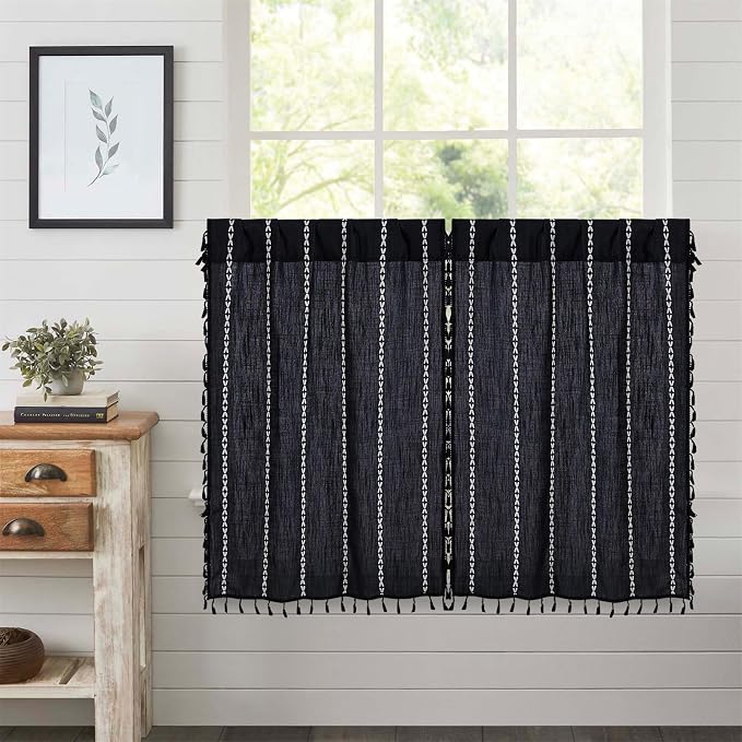 RoomTalks Black Boho Kitchen Curtains 36 Inch Length French Striped Modern Farmhouse Vintage Chic Gothic Moody Short Cafe Curtains for Small Window Kitchen Bathroom