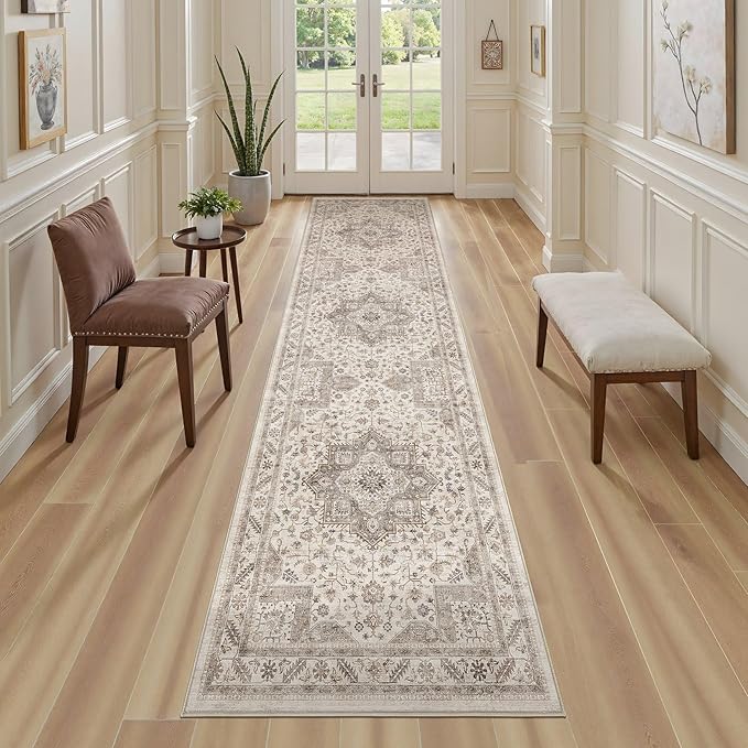 Vintage Hallway Runner Rug 2x8: Large Soft Washable Entryway for Kitchen Laundry Room Non-Slip Backing Runner for Entrance Living Room Bedroom Bathroom - Light Brown