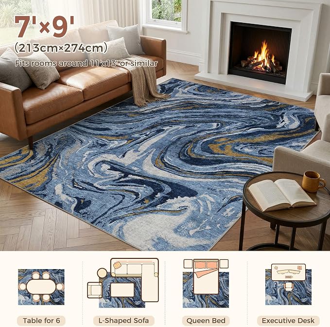 DMOYEST 7x9 Area Rug for Living Room - Washable Neutral Modern Abstract Rugs Soft Non-Slip Carpet Low Pile Indoor Floor Mat for Bedroom & Dining Room Decor for Families with Kids and Pets - Dark Blue