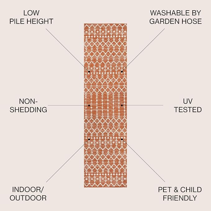 JONATHAN Y Moroccan Geometric Indoor Outdoor Runner Rug 2X8 Orange/Cream, Ourika Textured Weave for Backyard, Patio, Porch, Easy-Cleaning, High Traffic, Pet-Friendly, Non-Shedding (SMB108P-28)