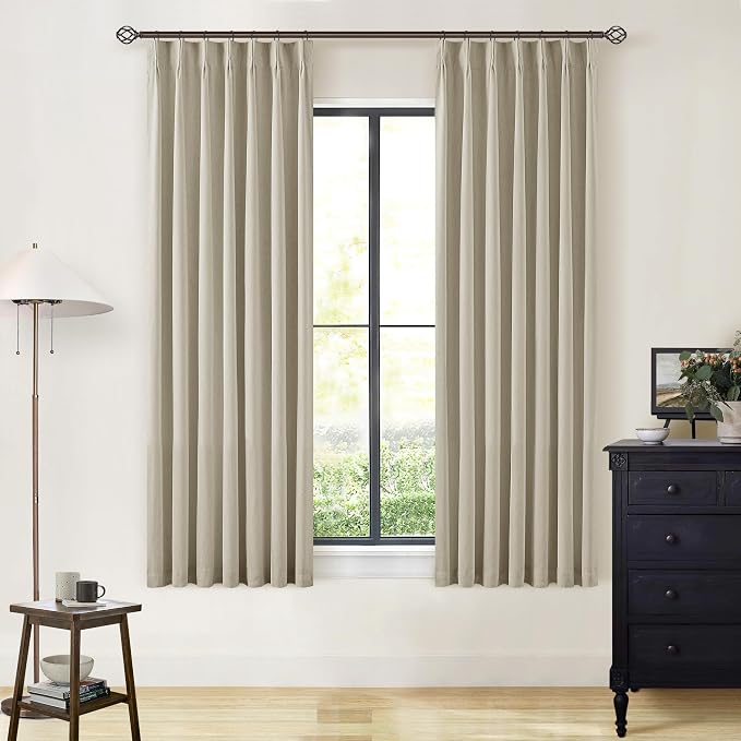 Greyish Beige Black Out Curtains 63 Inch Long for Bedroom Pinch Pleated with Rings Hooks Back Tab Thermal Insulated Short Linen Blackout Drapes Farmhouse Living Room Darkening Kitchen Curtains
