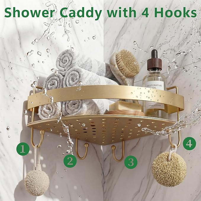 Corner Shower Caddy, 2 Pack Adhesive Gold Shower Organizers, Rustproof Stainless Steel Shower Shelves with 4 Hooks, No Drilling Shelves for Bathroom Storage & Home Decor