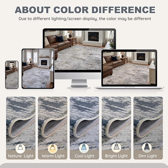DMOYEST Area Rug Living Room Rugs - 10x14 Washable Large Soft Indoor Neutral Modern Abstract Low Pile Rug Carpet for Bedroom Dining Room Farmhouse Home Office - Blue/Grey/Brown