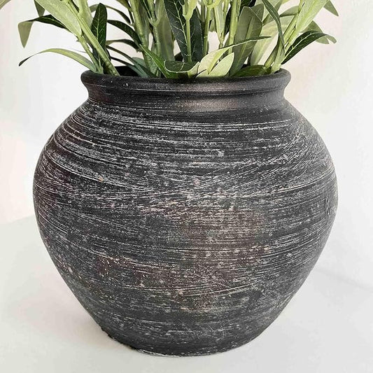 10'' Handmade Clay Black Rustic Textured Vase，Rustic Round Black Terracotta Farmhouse Vase Heavyweight