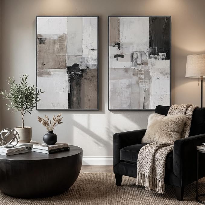 Framed Abstract Black and White Brown Wall Art for Living Room, Set of 2 Large Modern Prints Canvas Artwork for Walls, Minimalist Paintings Pictures Abstract Wall Decor for Bedroom Hallway, 24x36 Inch