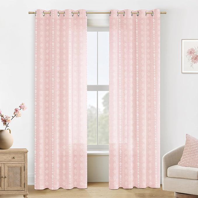 Lino Rosa Baby Pink Sheer Floral Curtains for Nursery, Shabby Chic Cottage Core Light Pink and White Linen Drapes for Girls Room