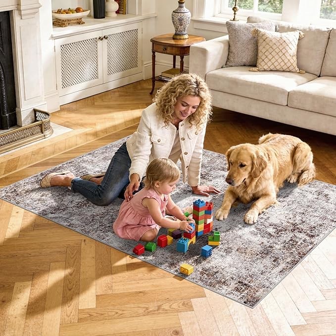 Washable 3x4 Entryway Area Rug - Small Kitchen Rugs with Non-Slip Rubber Backing Soft Low-Pile Thin Carpet Modern Abstract Neutral Door mat for Hallway Bedroom Living Room Bathroom (Brick Gray,3x4)