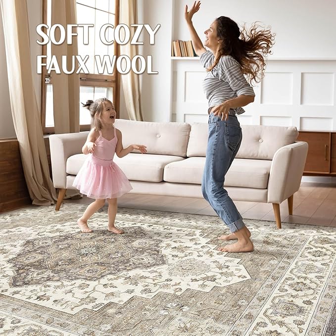 10x13 Area Rug Living Room: Washable Boho Large Neutral Vintage Soft Rug Stain Resistant Farmhouse Non-Slip Indoor Floor Carpet for Bedroom Nursery Kids Playroom Office Dining Room Home- Brown Beige