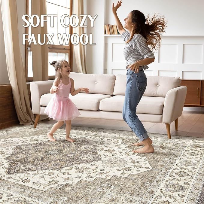 6x9 Area Rugs Living Room: Washable Boho Large Neutral Vintage Soft Rug Stain Resistant Farmhouse Non-Slip Indoor Floor Carpet for Bedroom Nursery Kids Playroom Office Dining Room Home- Brown Beige