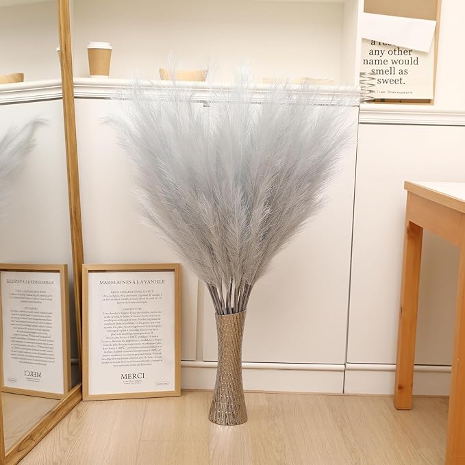 Wertuirk Silver Pampas Grass Decor, 8 Pcs 45 Inch Tall Large Faux Pompous Grass, Long Artificial Flowers for Floor Vases, Wedding Centerpieces, Baby Shower and Home Decoration (Silver)