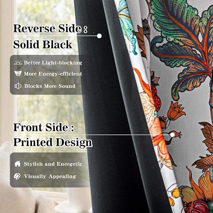 MYSKY HOME Floral 95% Blackout Floor to Ceiling Curtains 102 inches Long for Dining Room Thermal Insulated Light Blocking Spring French Country Coquette Flower Drapes, 2 Pcs, 52" Wide, Greyish White