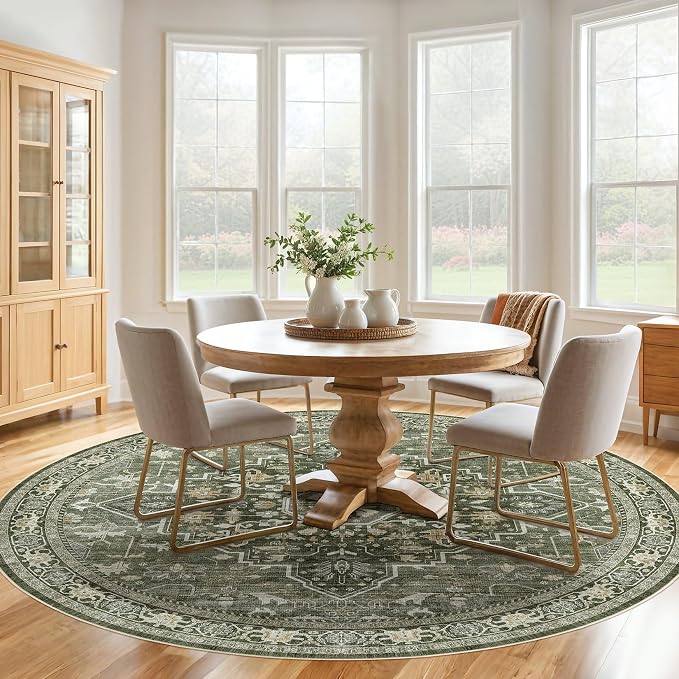 Round Rug Living Room Rugs: 10x10 Washable Boho Neutral Large Circle Soft Indoor Floral Stain Resistant Floor Farmhouse Carpet for Bedroom Nursery Kids Playroom Office Dining Room- Dark Green