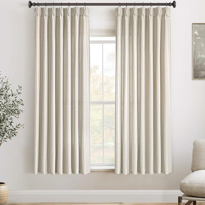 63 Inch Linen Curtains 2 Panel Set for Living Room Natural Beige Pinch Pleat Curtain Memory Trained with Hook FarmhouseRustic Canvas Textured Light Filtering Track System Pleated Drapes 63 Long